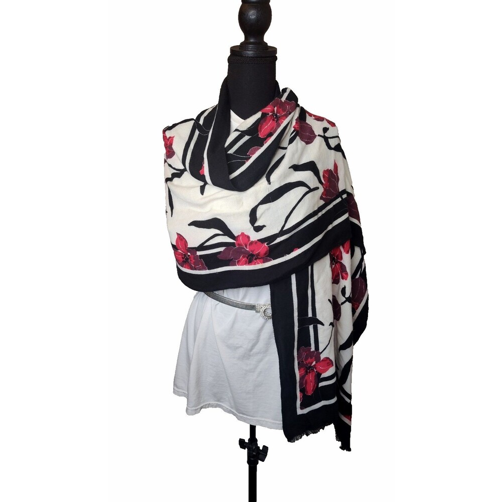 Vtg Liz Claiborne Black White Fusher Floral Red Scarf Wrap Shawl 75"x20" w Fring